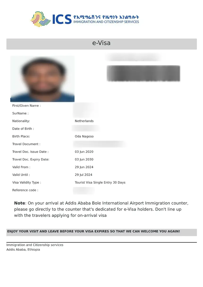 Ethiopia eVisa – sample document